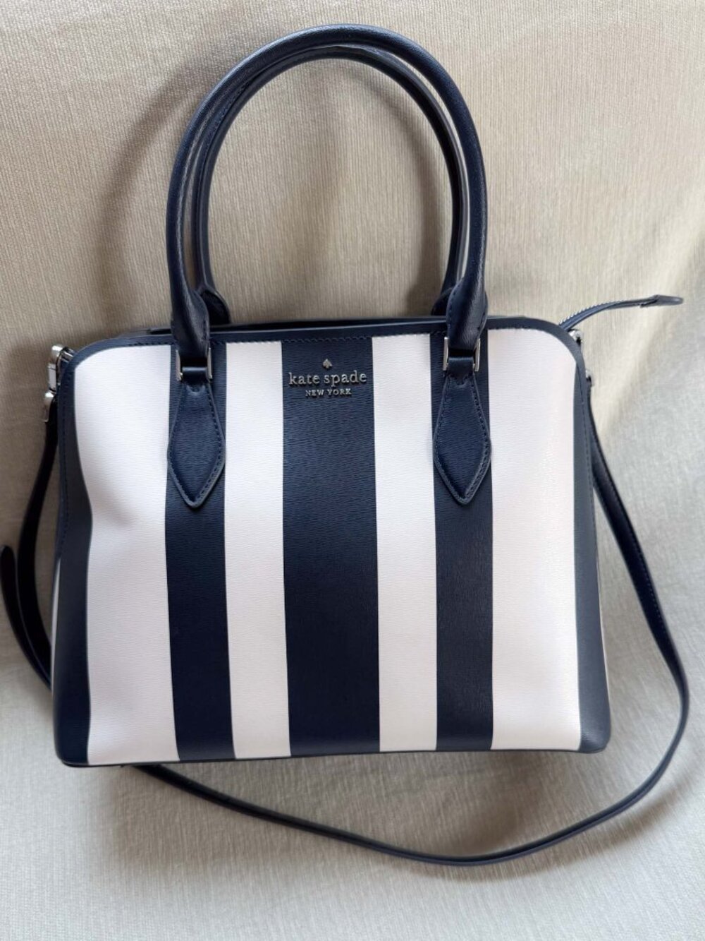 Kate Spade Darcy Pond Stripe Large Satchel Blue Cream Leather Handbag